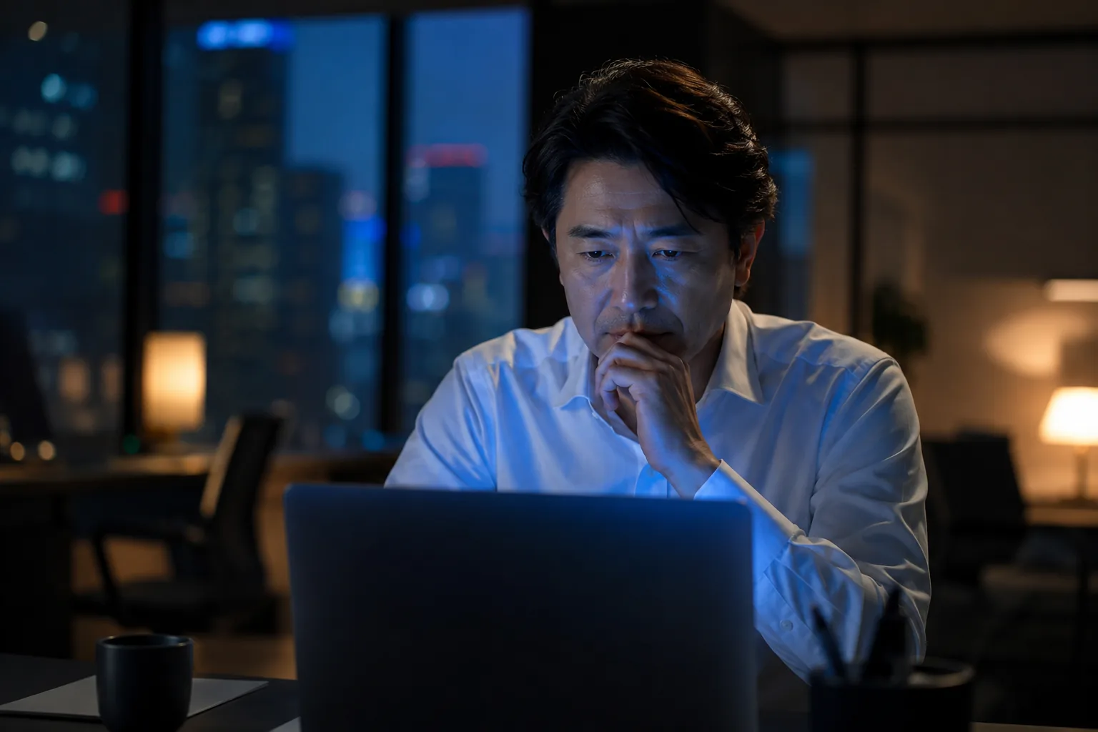 夜のオフィスでノートパソコンの画面を見つめ、表情を曇らせる経営者