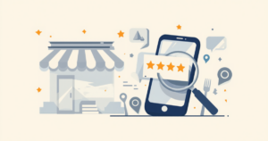 飲食店の店舗とスマートフォンの口コミ画面、星評価と虫眼鏡のイラスト