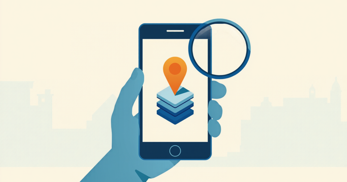 スマートフォンで地図と店舗情報を検索している様子のイラスト
