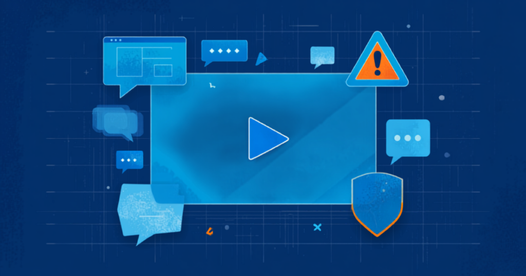 動画プレーヤーと警告マーク、吹き出しが並ぶイメージ